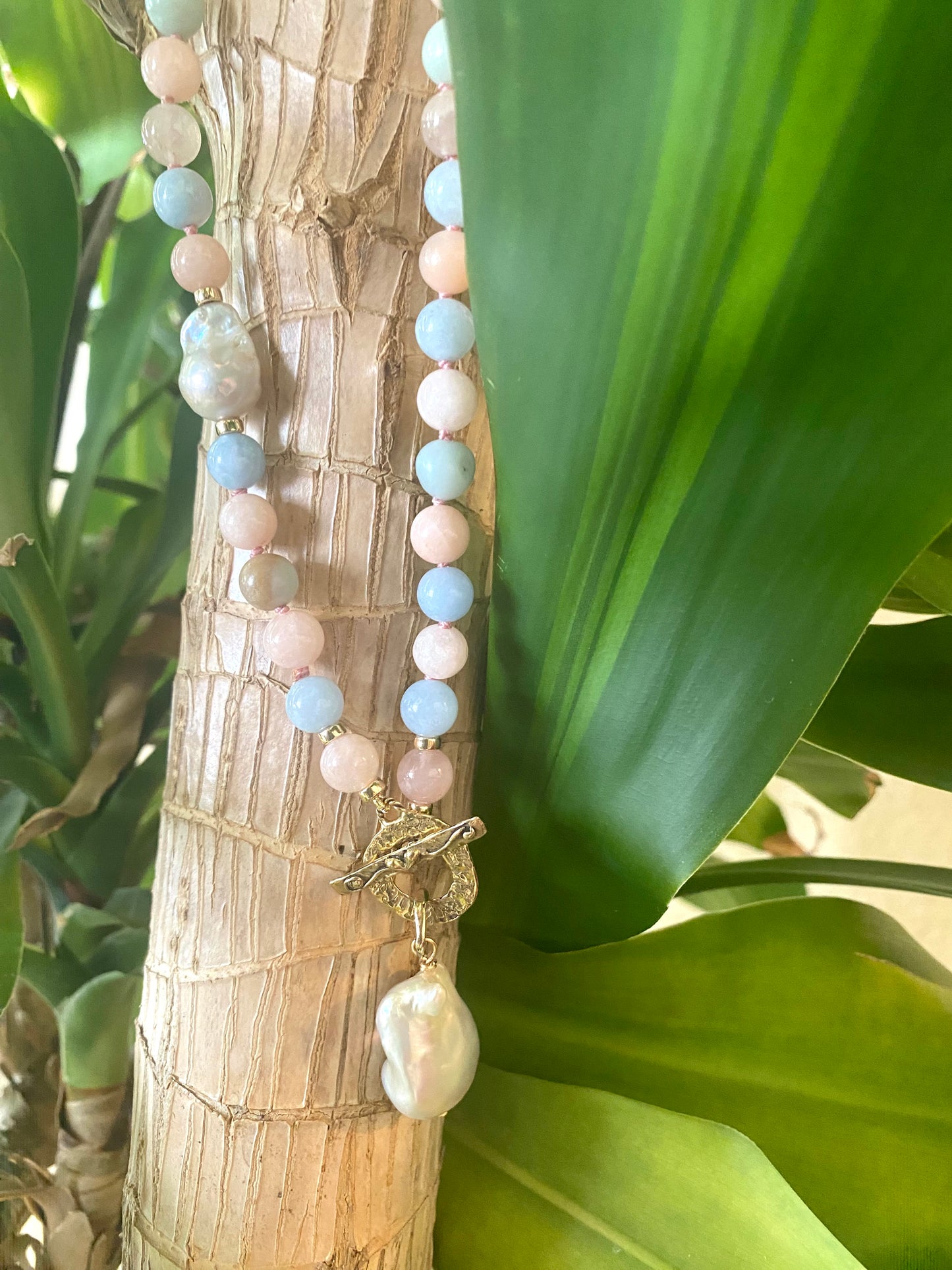 Morganite, Aquamarine & Baroque Pearl Toggle Necklace