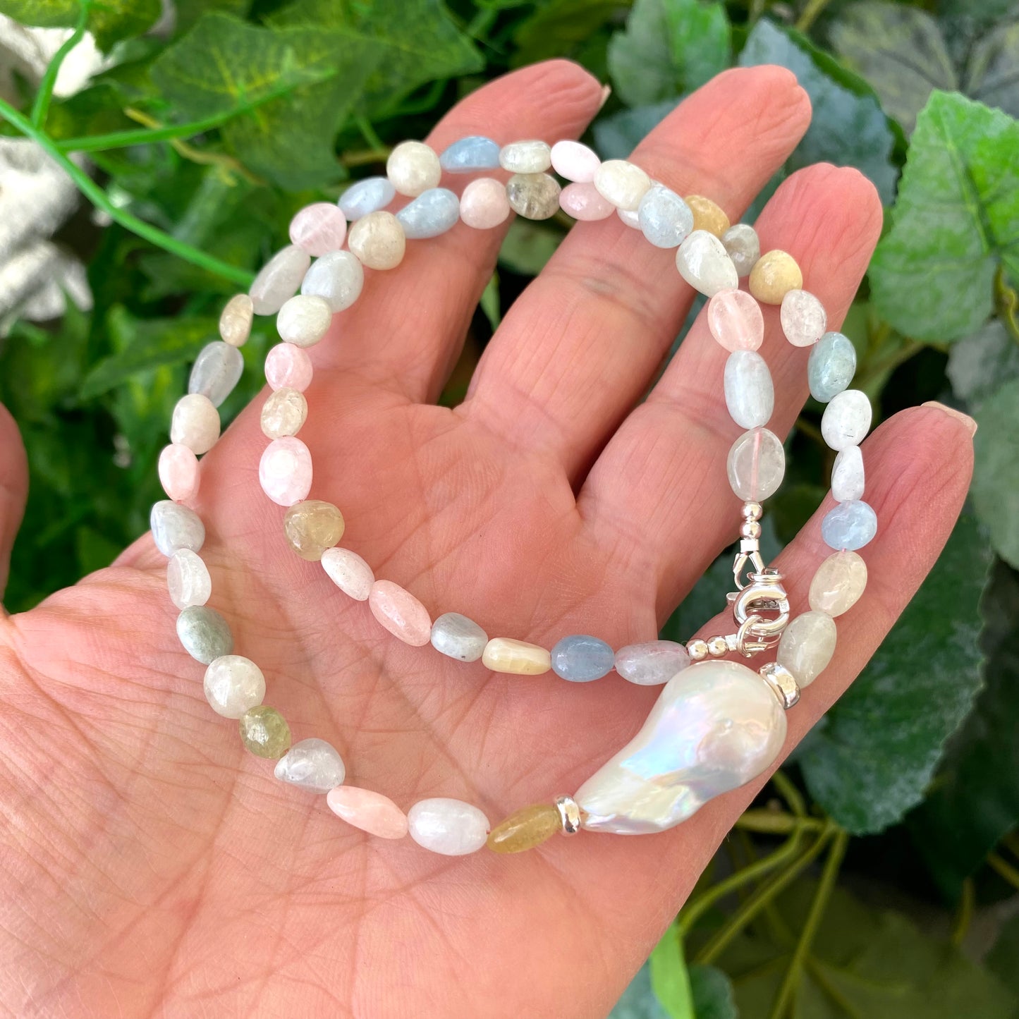 spring summer necklace with aquamarine, morganite and baroque pearl