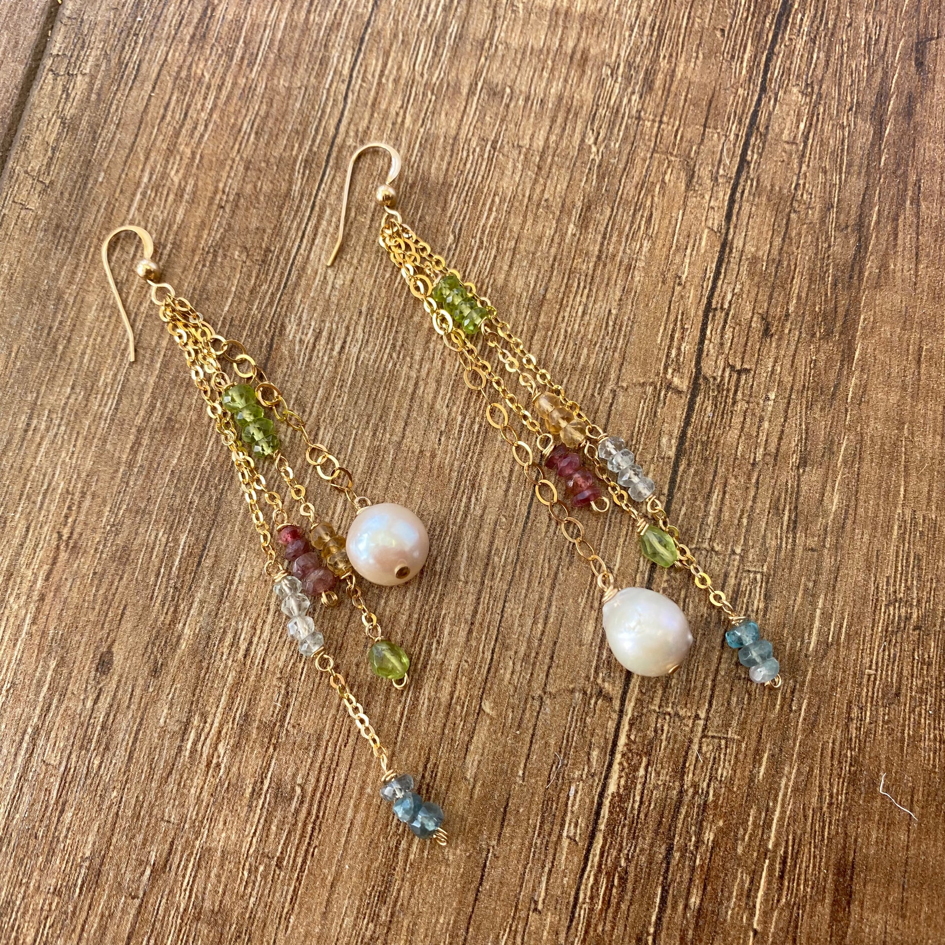 Minimalist baroque pearl gemstone earrings with multi gemstones gold filled