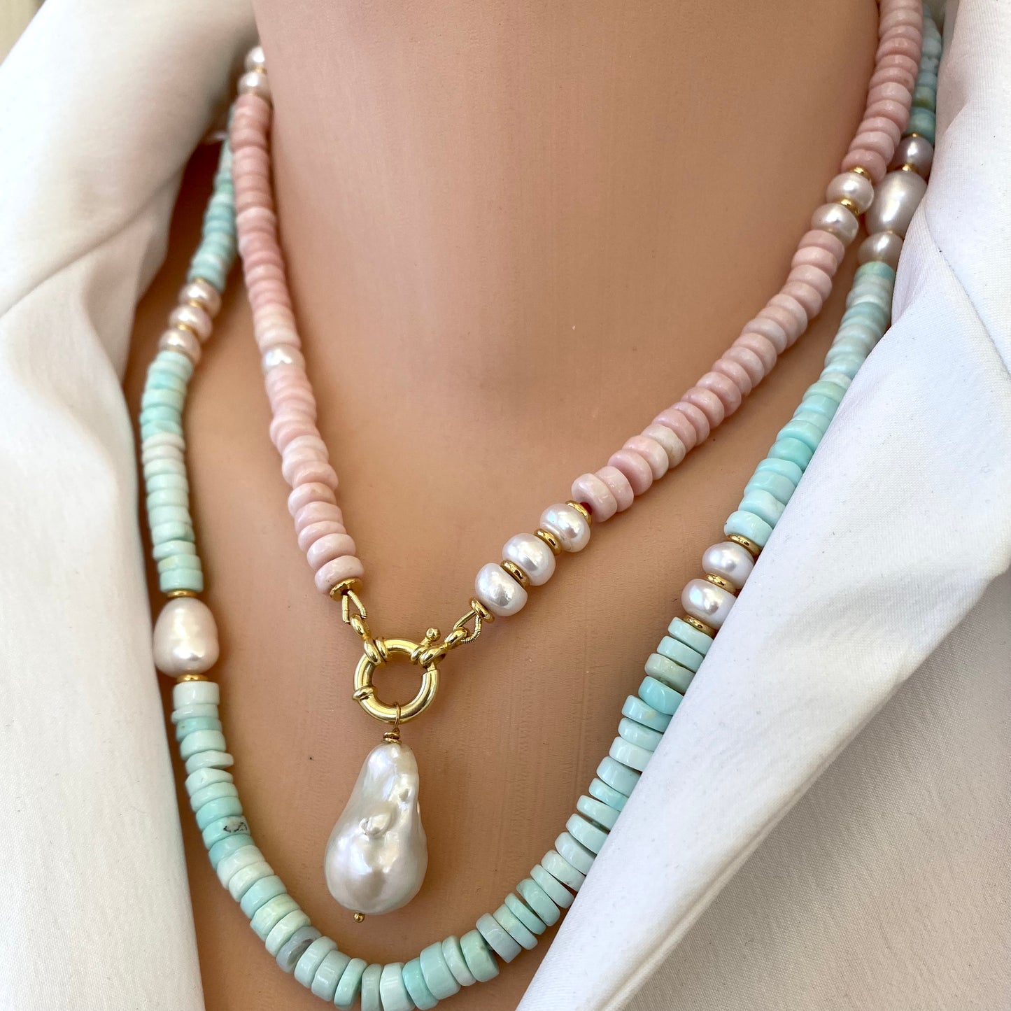 Layered sky blue opal pearl necklace with gold vermeil accents, handmade in Canada
