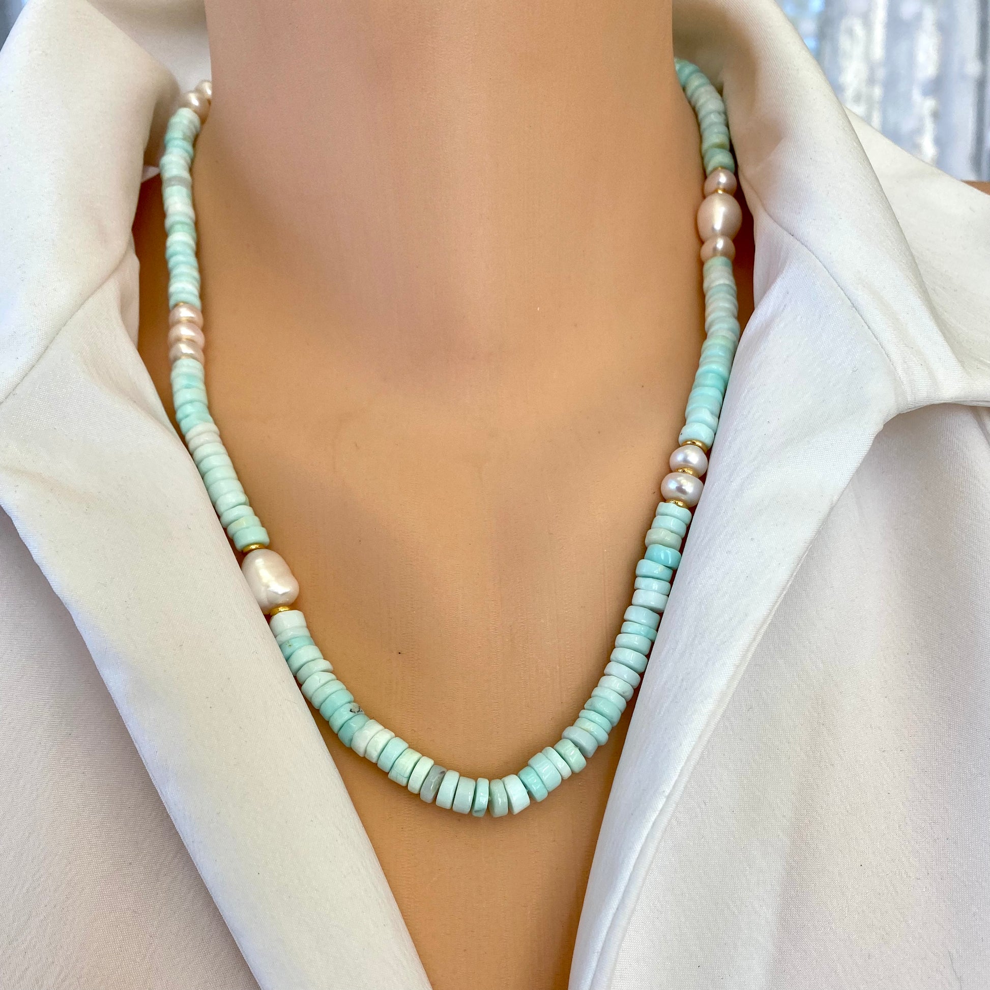 Sky blue opal pearl necklace worn on neckline with candy-style opal beads, handmade in Canada