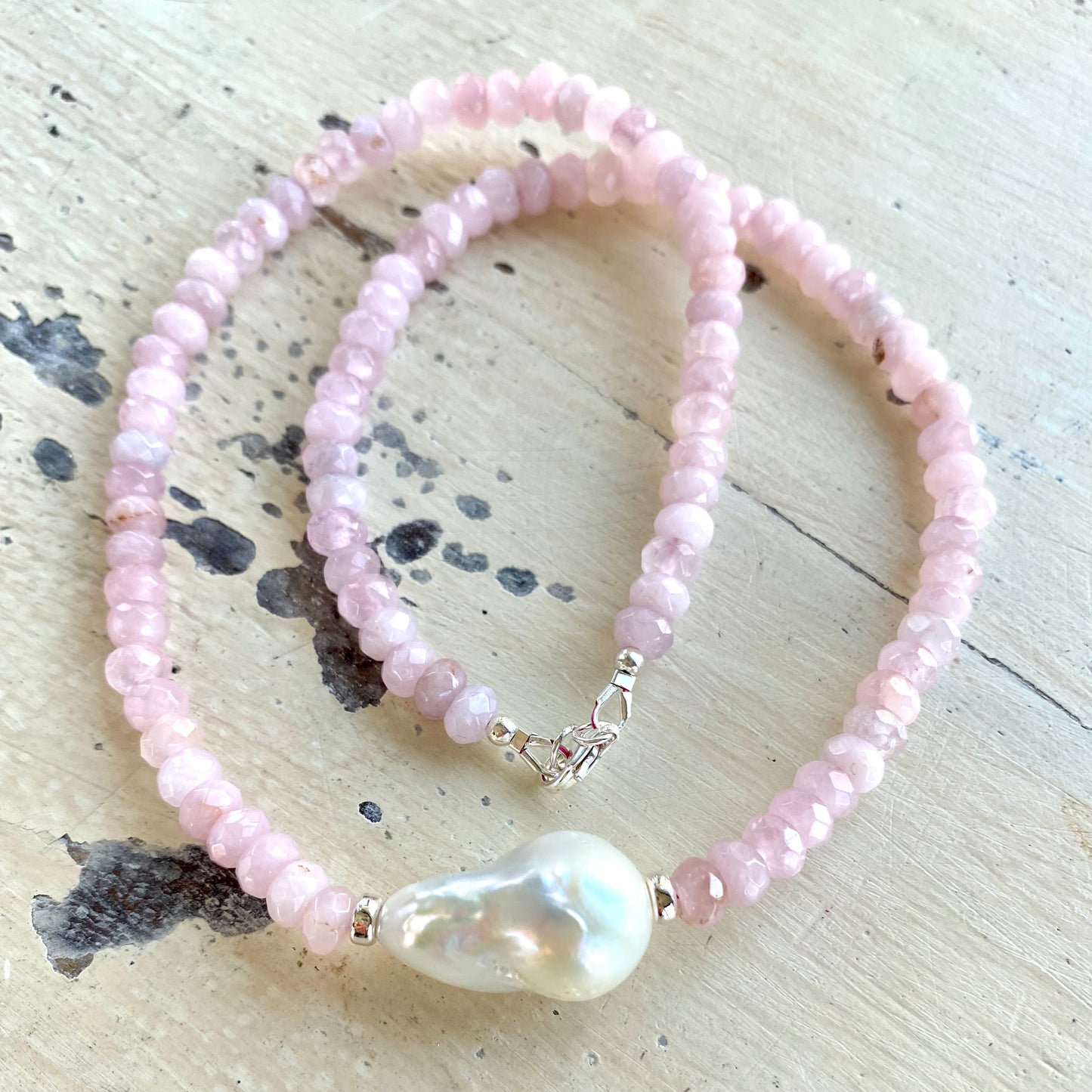 Rose quartz pearl necklace arranged flat with Madagascar rose quartz rondelle beads, handcrafted in Canada