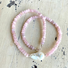 Load image into Gallery viewer, Rose quartz pearl necklace laid flat showing faceted Madagascar rose quartz beads, handcrafted in Canada
