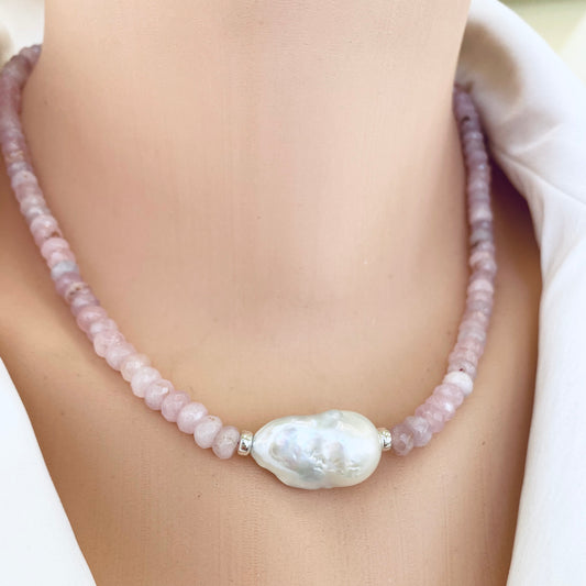 Rose quartz pearl necklace worn on neckline with Madagascar rose quartz and baroque pearl, handmade in Canada