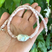 Load image into Gallery viewer, Rose quartz pearl necklace held in hand with faceted rose quartz and baroque pearl detail, handmade Canadian jewelry
