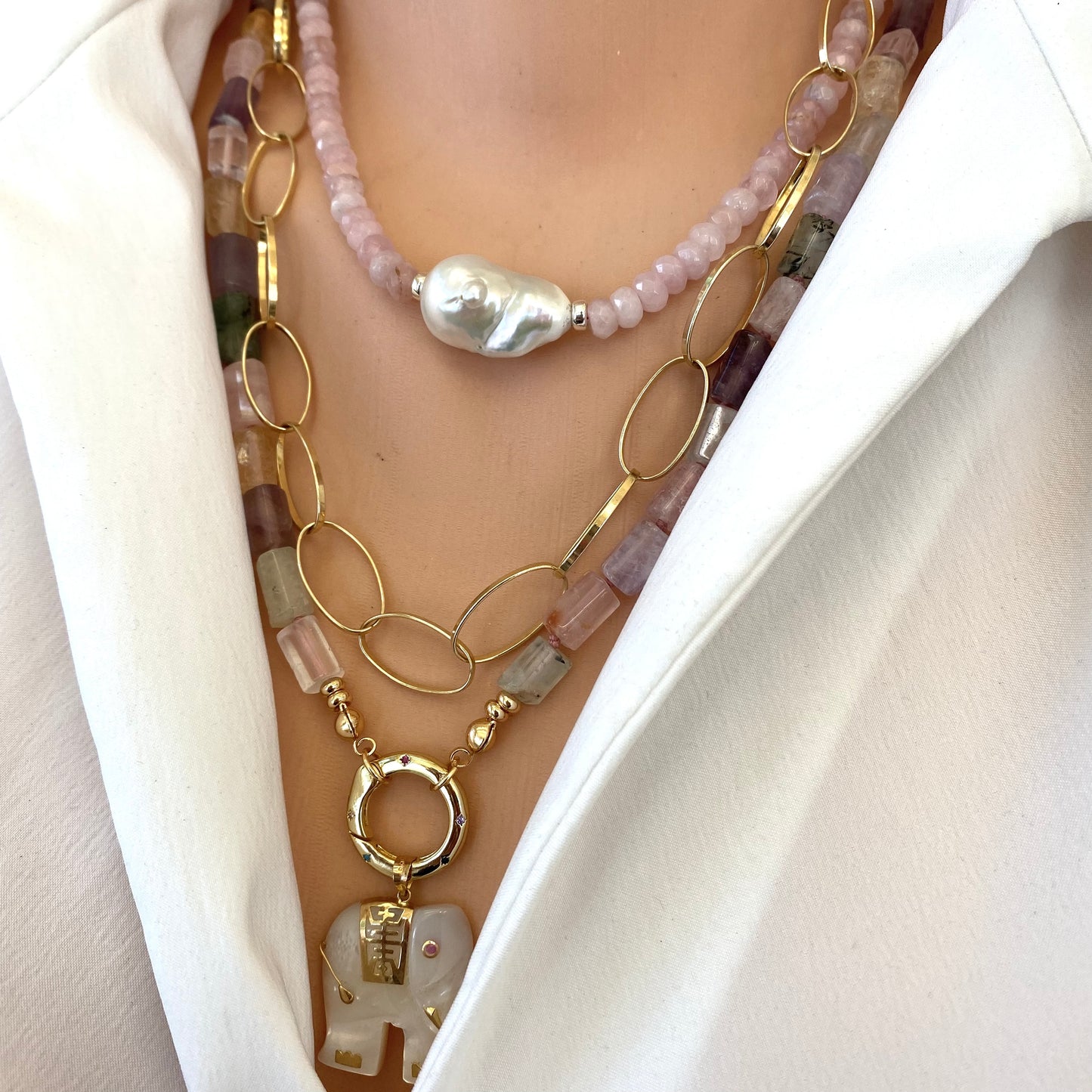 Layered mixed gemstone necklace with rose quartz and amethyst tube beads, gold plated charm holder clasp, handmade in Canada