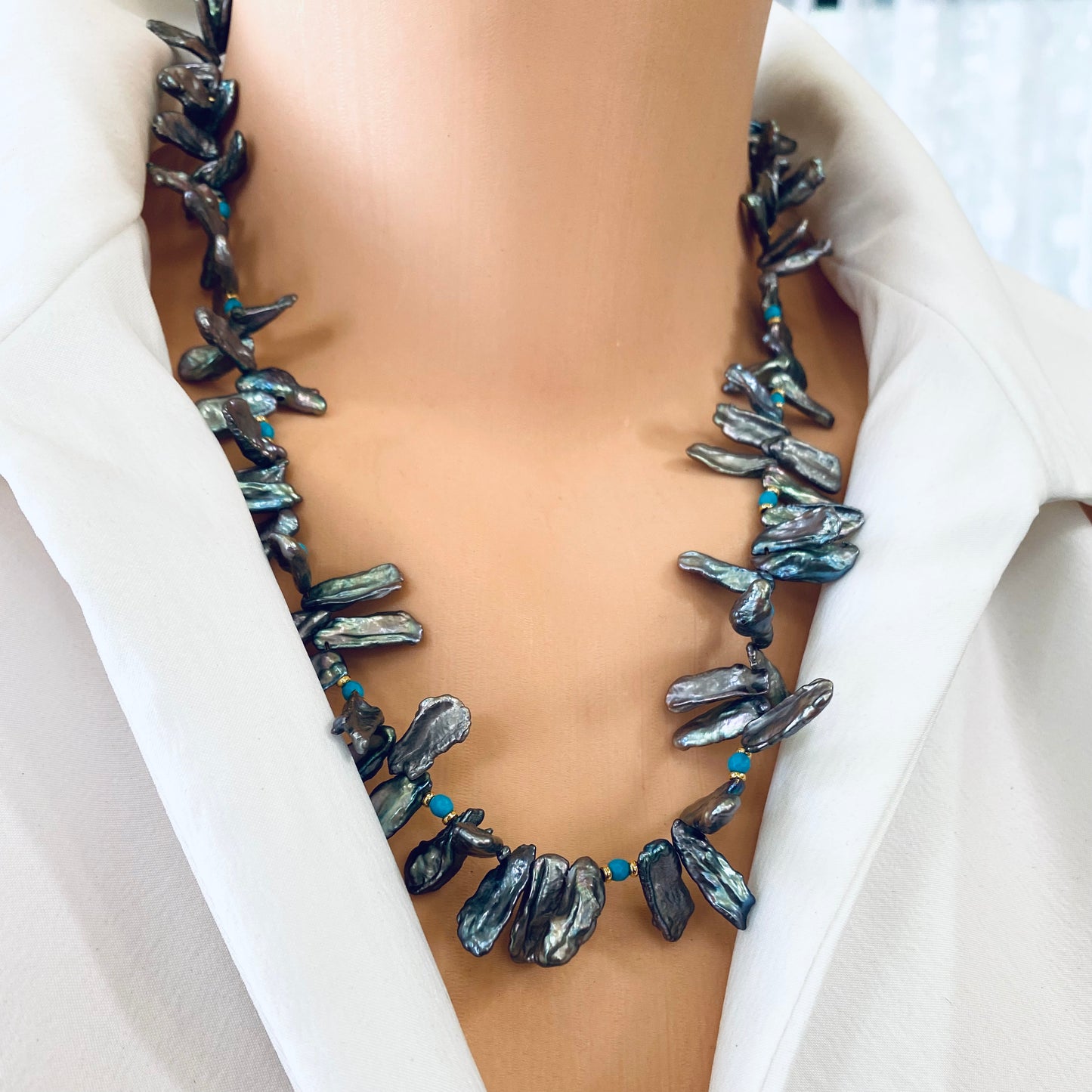 Biwa pearl turquoise necklace worn on model, blue grey Biwa keshi pearls with turquoise accents