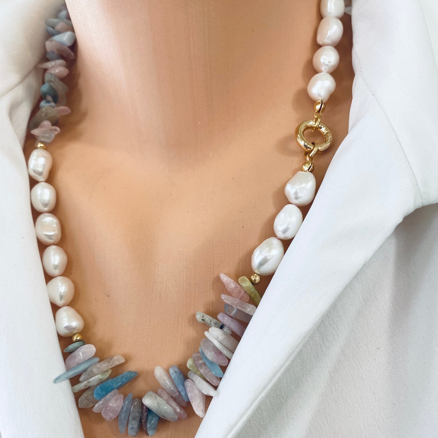 Morganite aquamarine necklace neckline close-up, gold-plated accents and pearl details