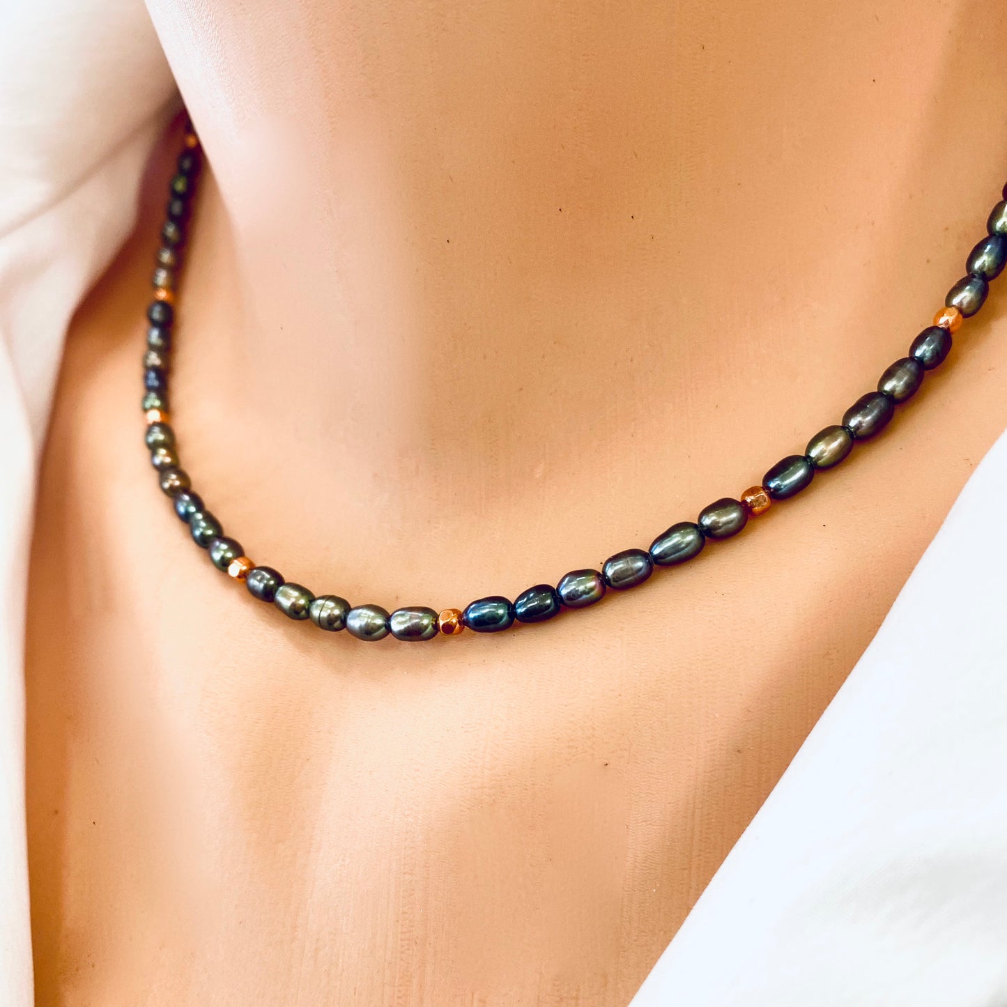 Black pearl necklace gold filled worn on model, delicate everyday pearl necklace at neckline