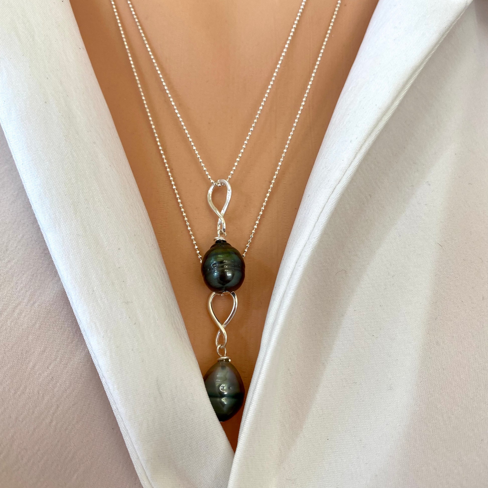 Tahitian teardrop pearl pendant necklace on model, sterling silver ball chain with baroque teardrop pearl