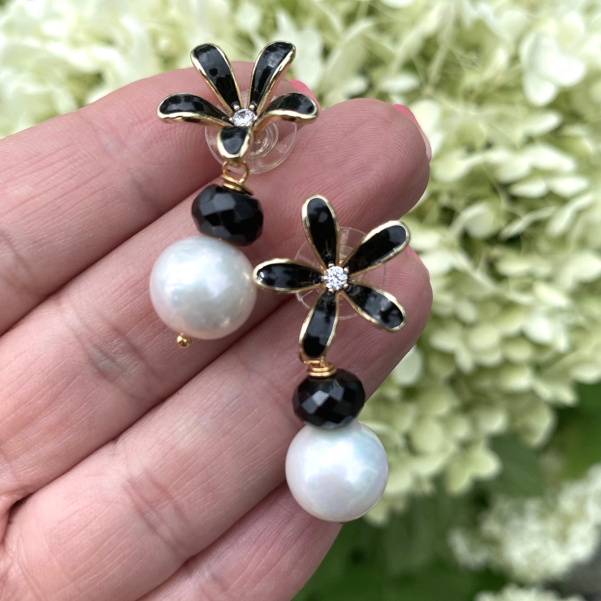 Edison pearl black spinel earrings in hand, AAA+ white Edison pearl drops with black enamel flower studs