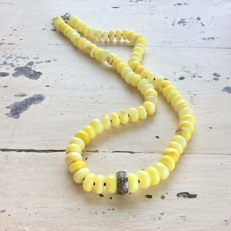 Yellow opal necklace with diamond accents, handmade in Canada, featuring smooth yellow opal rondelle beads.