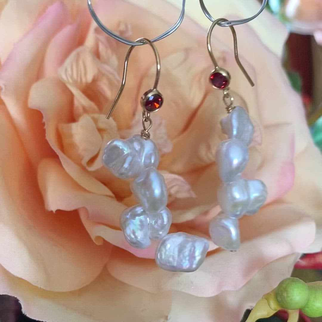 Simple and modern gold filled earrings with deep red bezel cubic zirconia and white keshi pearls