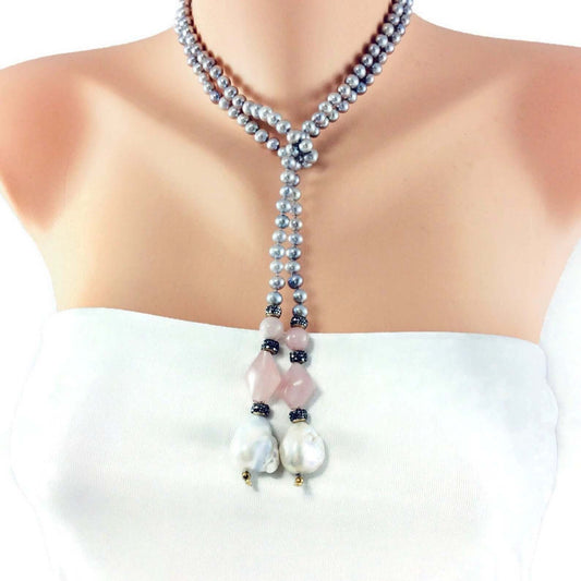 pastel pearl lariat necklace featuring blue-gray freshwater pearls, pink rose quartz, and baroque pearls.