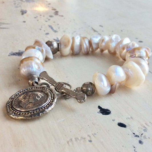 Baroque Pearl Charm Bracelet, Roman Coin Charm