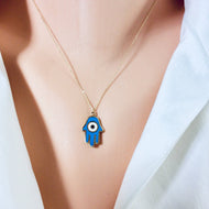 Solid Gold 18K Chain & Blue Enamel Evil Eye Hamsa