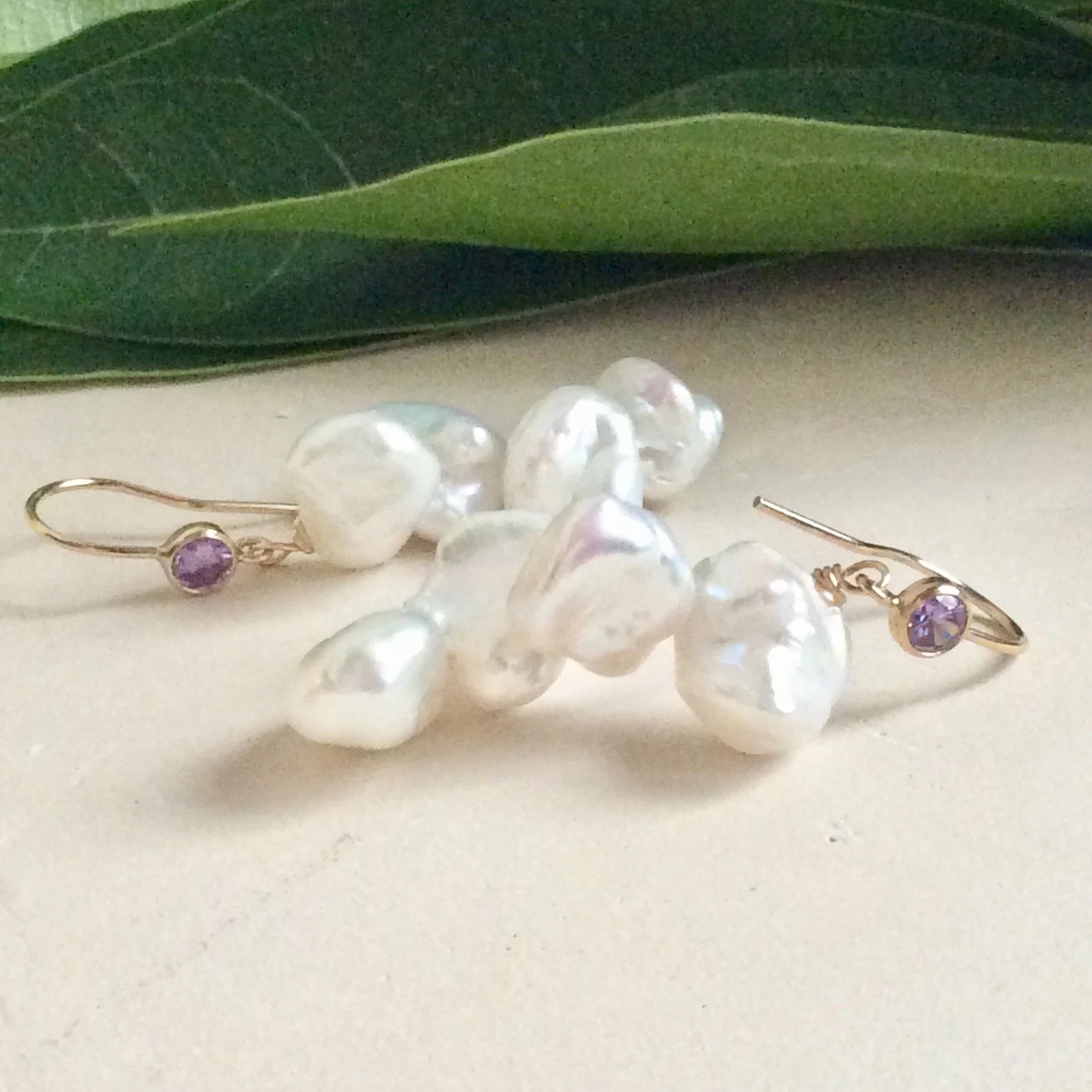 Keshi Pearl Drop Earrings – 14k Gold Filled with Purple CZ, featuring unique keshi pearls and sparkling purple accents.