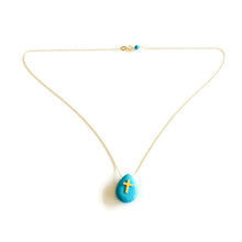 Charger l&#39;image dans la galerie, 18K gold turquoise cross pendant necklace on minimalist floating chain with teardrop turquoise stone.
