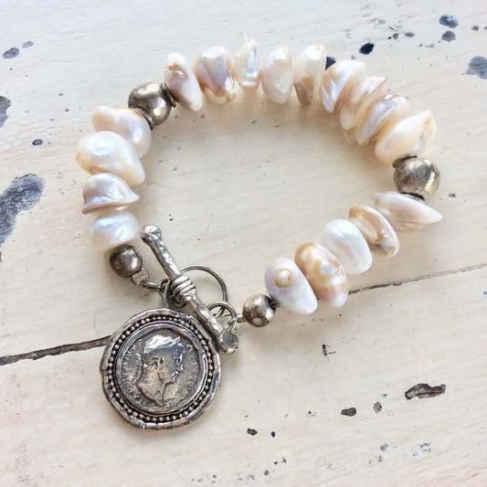 Baroque Pearl Charm Bracelet, Roman Coin Charm