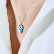 Load image into Gallery viewer, Solid Gold 18K Blue Enamel Hamsa Charm
