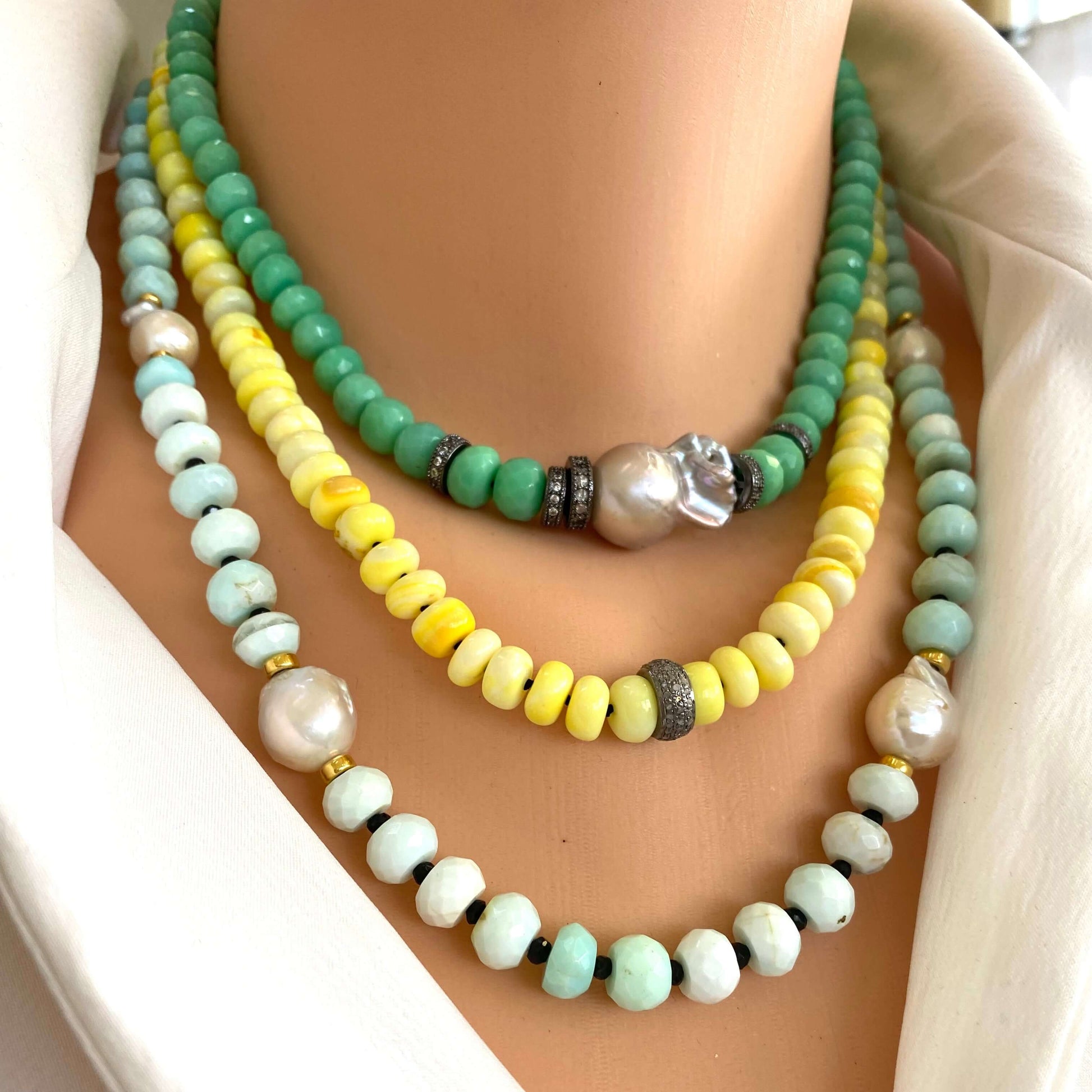 Layered yellow opal necklace with diamond accents, handmade in Canada, featuring bright beads and elegant design.